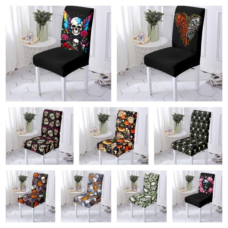 Elastic Chair Cover Skull Print Non-Slip Decorative Snug-Fit Machine Washable Seat Cover Halloween Holiday Decor Chair Protector