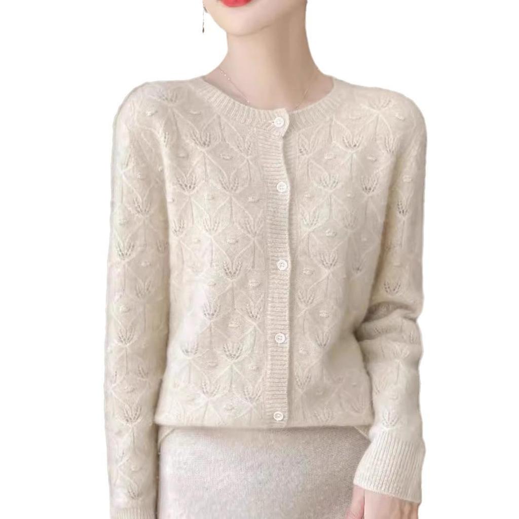 2024 Early Autumn Women's Merino Wool Round Neck Knit Cardigan with Hollow Details