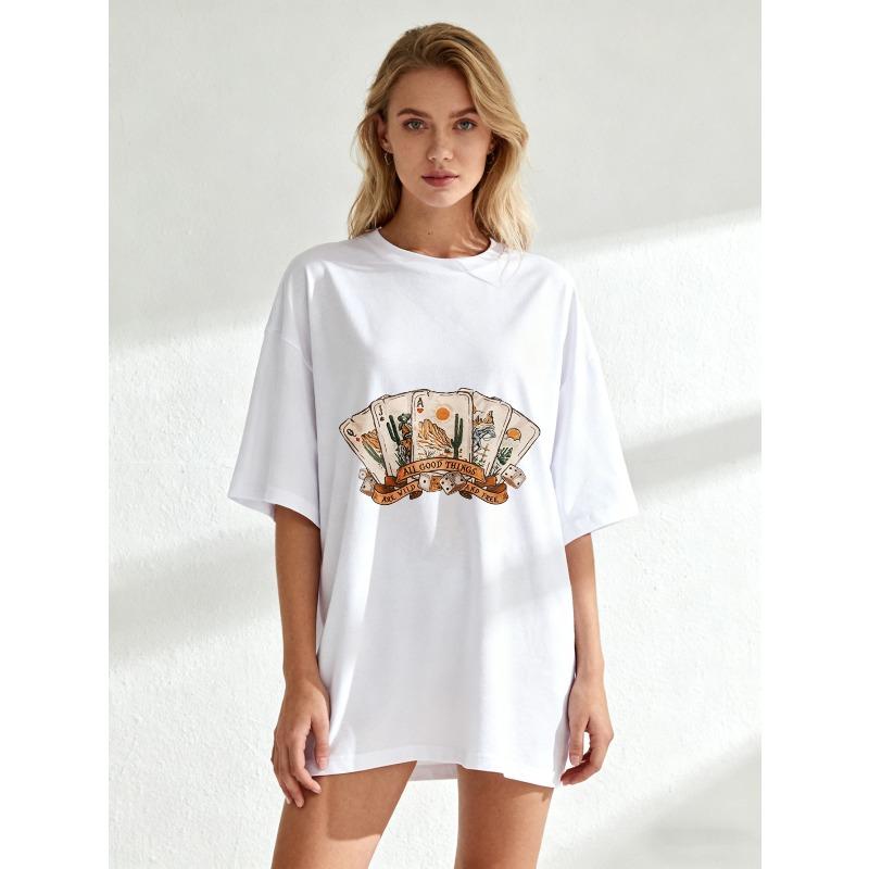 Oversized Black Boho Tee: Playing Cards Cactus Dice Print "All Good Things Are Wild And Free"