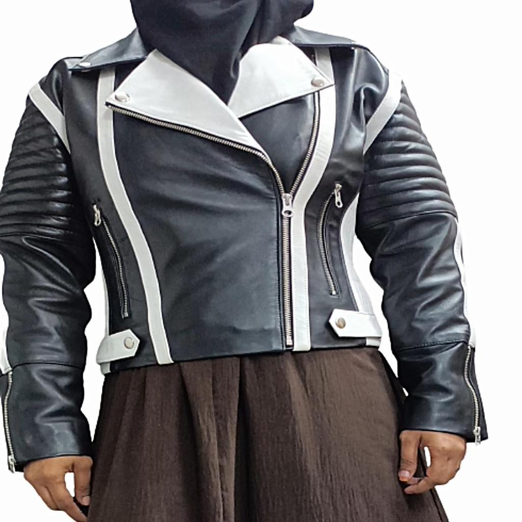 Women's And Girl's Black & White Stylish Jacket, Quilted Biker Jacket, Motorcycle Jacket, Leather Moto Jacket, Ladies Biker Jacket, Wife Gift