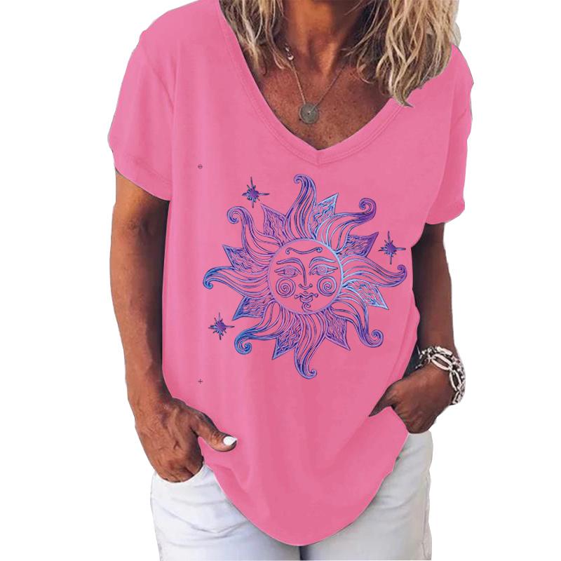 Mode Frühling Retro Print Blusen Kurzarm V-Ausschnitt T-Shirts Lässig