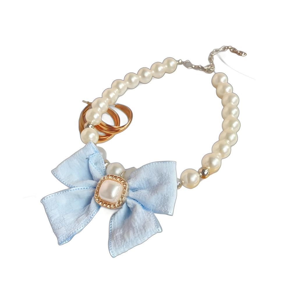 Cream Wind Pet Pearl Necklace Temperament Bow Elegant Princess Wind Cat Dog Accessories Kitten