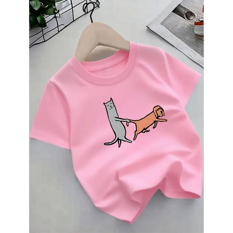 European sizes Short-Sleeved T-Shirt with Cartoon Cat And Dog Patterns, Perfect for Summer Wear, Comfortable And Versatile—Suitable for Children