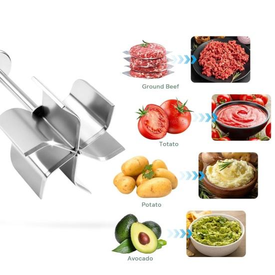 Köttfördelare i rostfritt stål med 6 vassa blad Trähandtag Nötfärsmaskare för hamburgare Potatis Grönsaksmos Lätt att rengöra Köksredskap