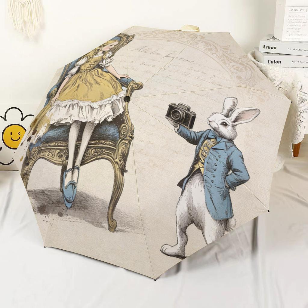1 Vintage Alice 8-Rippen Winddichter Regenschirm - Künstlerischer Und Stilvoller Automatischer Faltbarer Reise-Regenschirm mit Cartoon-Muster-Design, Hergestellt aus Langlebig