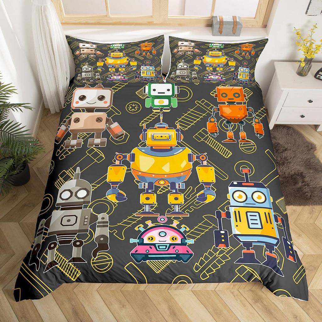 Robot Duvet Cover Sets for Kids Boys Girls Queen Size Lightweight Down Quilt Covers 2 Pillowcases 1 Comforter Cover No Comforter