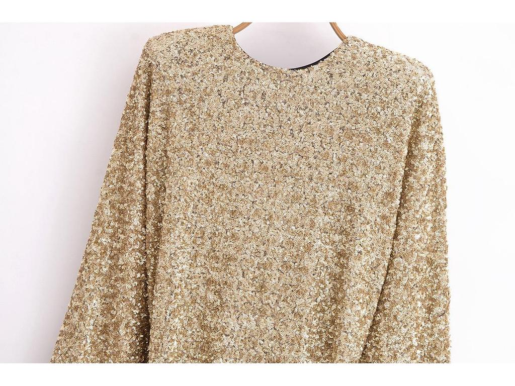 2024 Winter Women's Sequin Embellished Round Neck Long Sleeve Dress - European & American Style