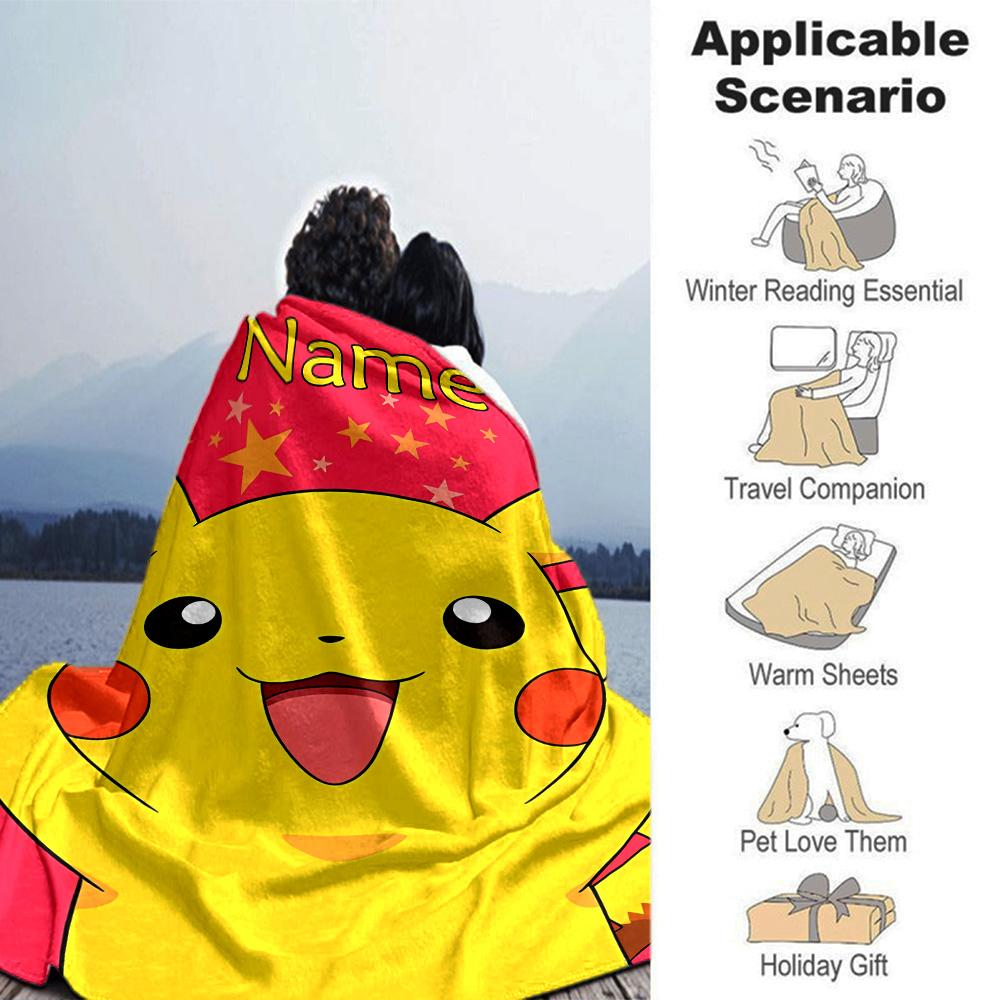 Customiz Name Personality Pokémon Pikachu Blanket Soft &Warm Sofa Office Bed Travel Lunch Break Blanket, Gift Suitable All Seasons
