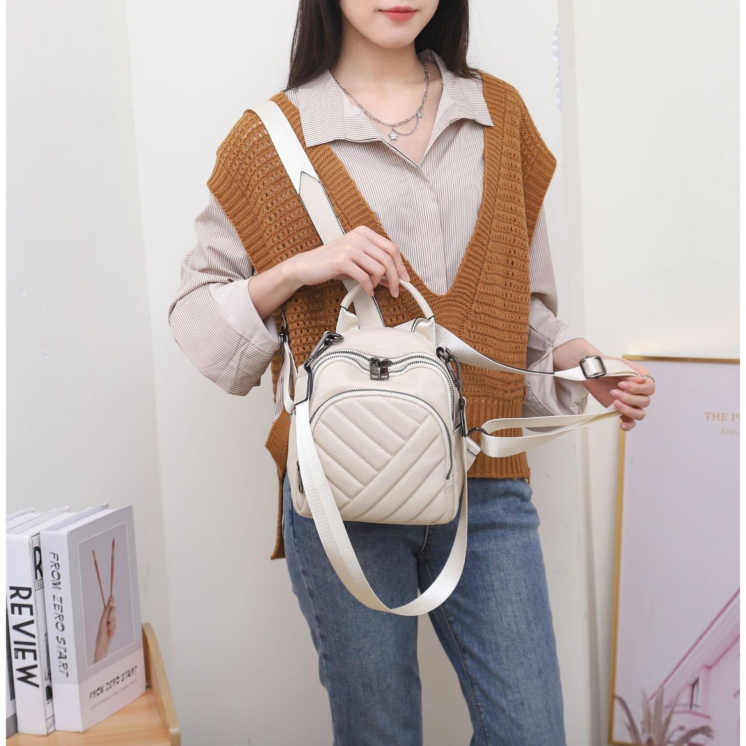 

Рюкзак из коровьей кожи с двойными плечевыми лямками, маленький, школьная сумка, многокарманный, из мягкой кожи, простая наплечная сумка, вышивка, многофункциональный белый