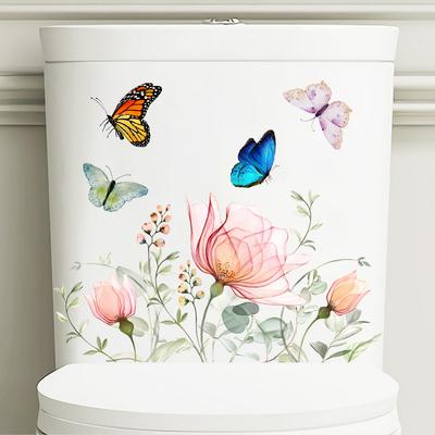 Kleine Blumige und Schmetterlings-Toilettenaufkleber, Wasserdichte Abnehmbare Selbstklebende Badezimmer-Wandaufkleber