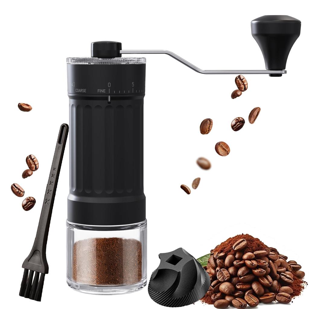 Portable manual coffee grinder with 40 grinding levels and a removable handle. Suitable for brewing a variety of coffees, including espresso, French