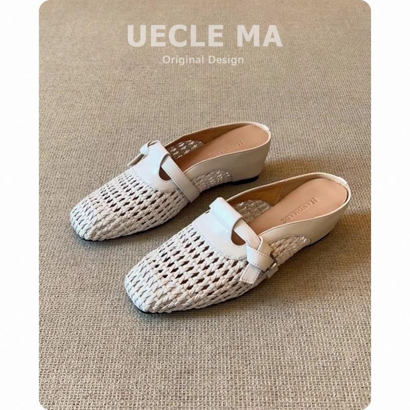 Sheepskin~ Baotou half slippers women's summer outer wear inner height-increasing hole shoes one pedal woven breathable cool single shoes