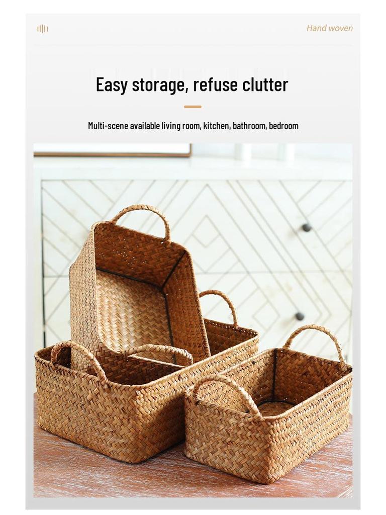 Japanese Straw-Woven Storage Basket for Snacks, TV Accessories, Cosmetics, and Masks