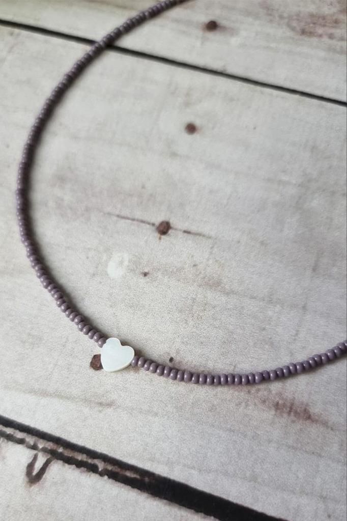 Handmade Choker with Dark Purple Seed Beads and Natural Heart Shell Pendant