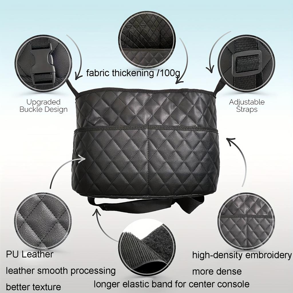 1 piece of quilted leather car seat back storage bag, large capacity with 3 pockets, waterproof, rectangular design
