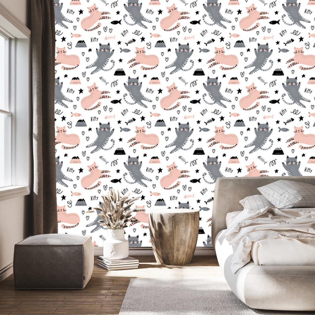 Wallpaper Cute Kittens In Scandinavian Style for Living Room and Bedroom 50x1000