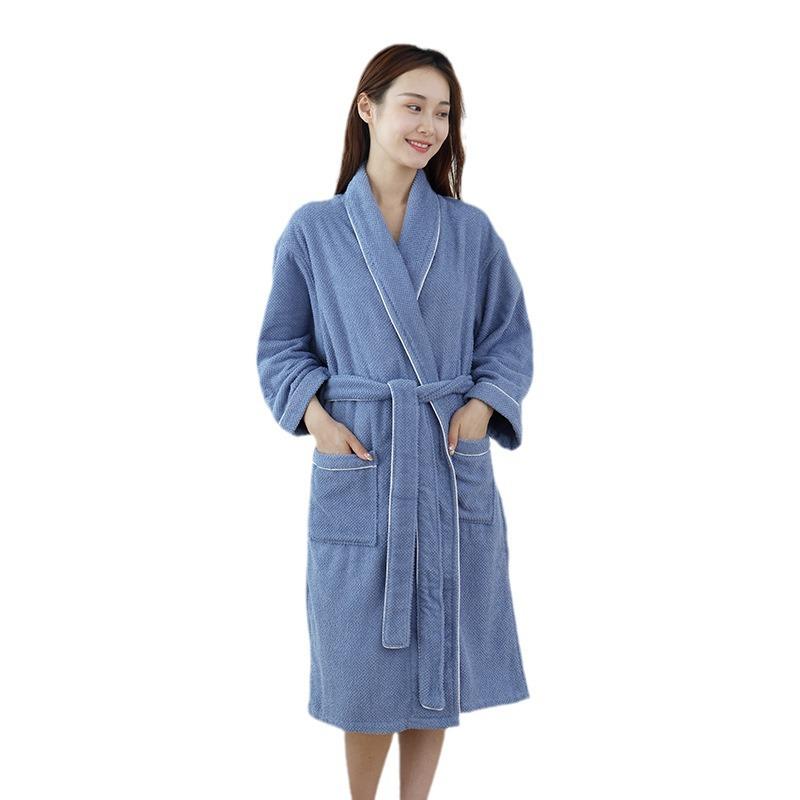 Xusheng Pure Cotton Pineapple Grid Long Bathrobe for Couples - Absorbent Yukata Sleepwear