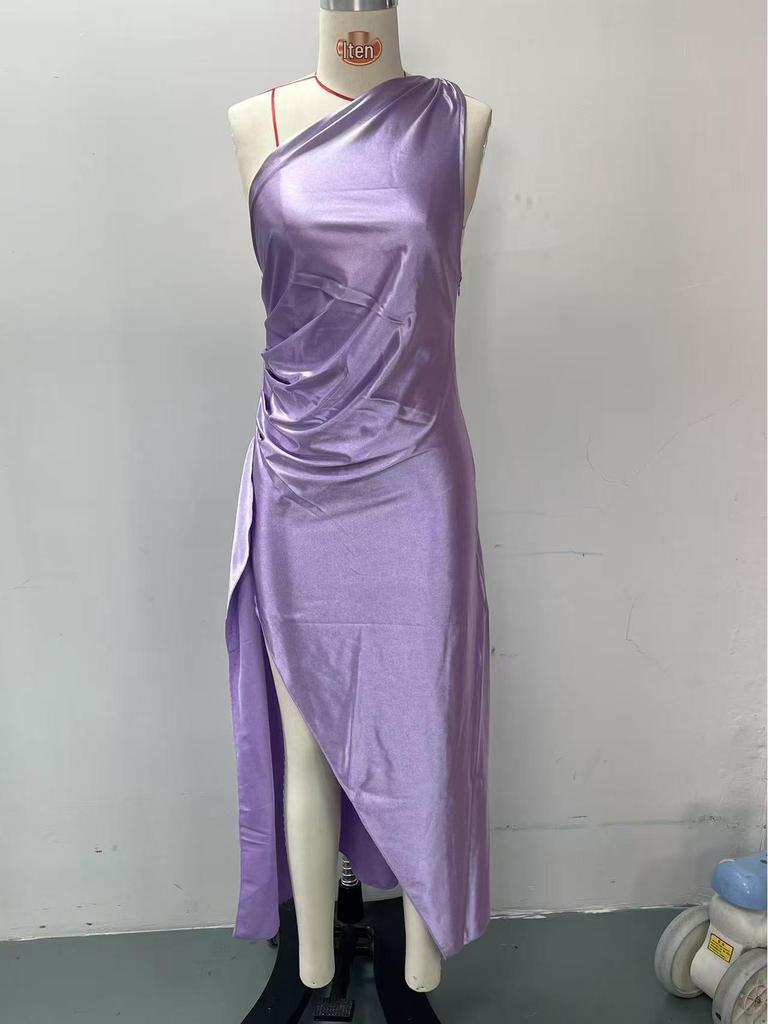 2025 One-Shoulder Ruffled Slit Satin Dress - Sexy European and American Summer Style.