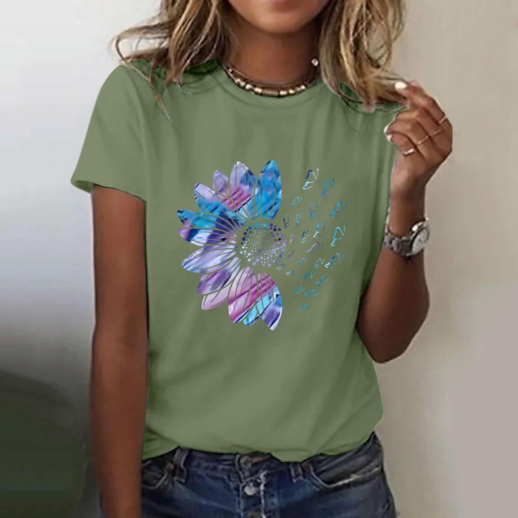 Women's Casual Floral Print Short Sleeved T-shirt With Round Neck  Top