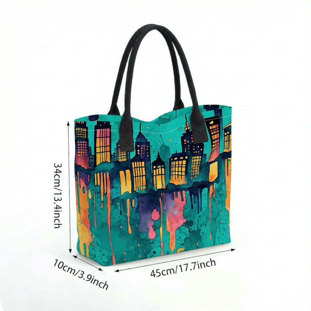 Watercolor Cityscape Tote Bag Casual Large Capacity Daily Shoulder Handbag