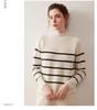 High-Neck Retro Black & White Striped Cashmere Sweater – Women's Long Sleeve Pullover for Autumn & Winter