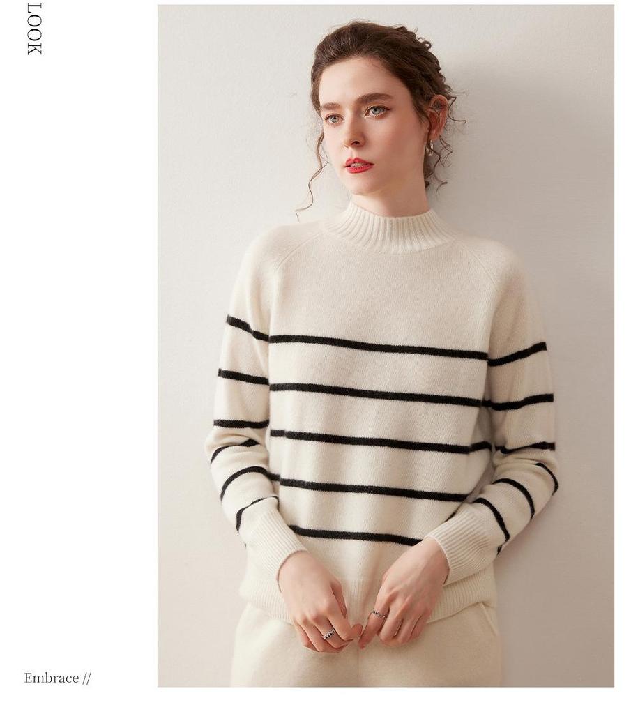 High-Neck Retro Black & White Striped Cashmere Sweater – Women's Long Sleeve Pullover for Autumn & Winter