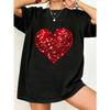 Black Oversized T Shirt With Red Sequin Heart Print For Casual Wear And Party Outfits