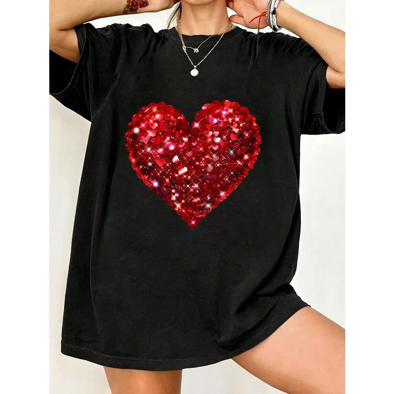 Black Oversized T Shirt With Red Sequin Heart Print For Casual Wear And Party Outfits