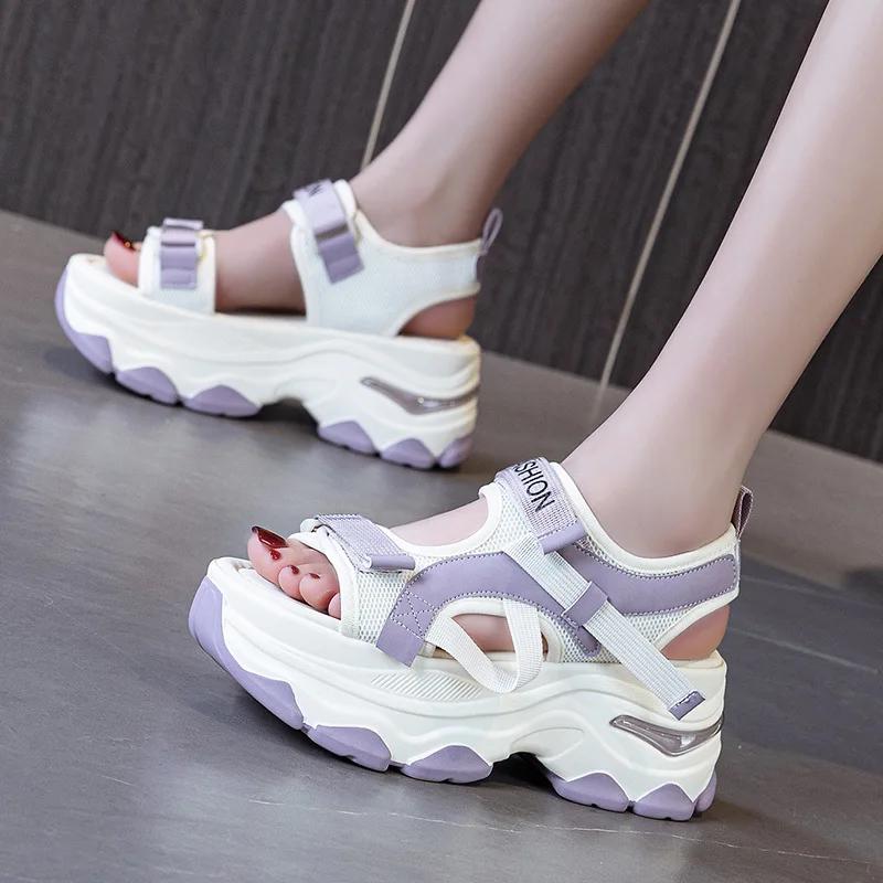 Fashion 7CM Air Mesh Synthetic Leather Sandals Breathable Women Summer Hollow Slipper Fashion Summer Sandals Platform Wedge Flats Shoes