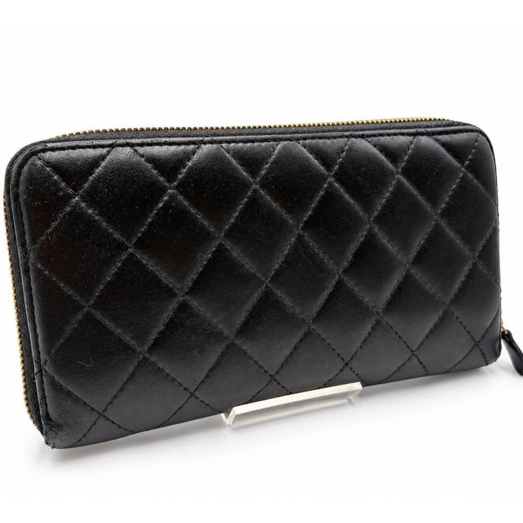 Used CHANEL Matelass Long Wallet, Round Zipper, Black, Lambskin