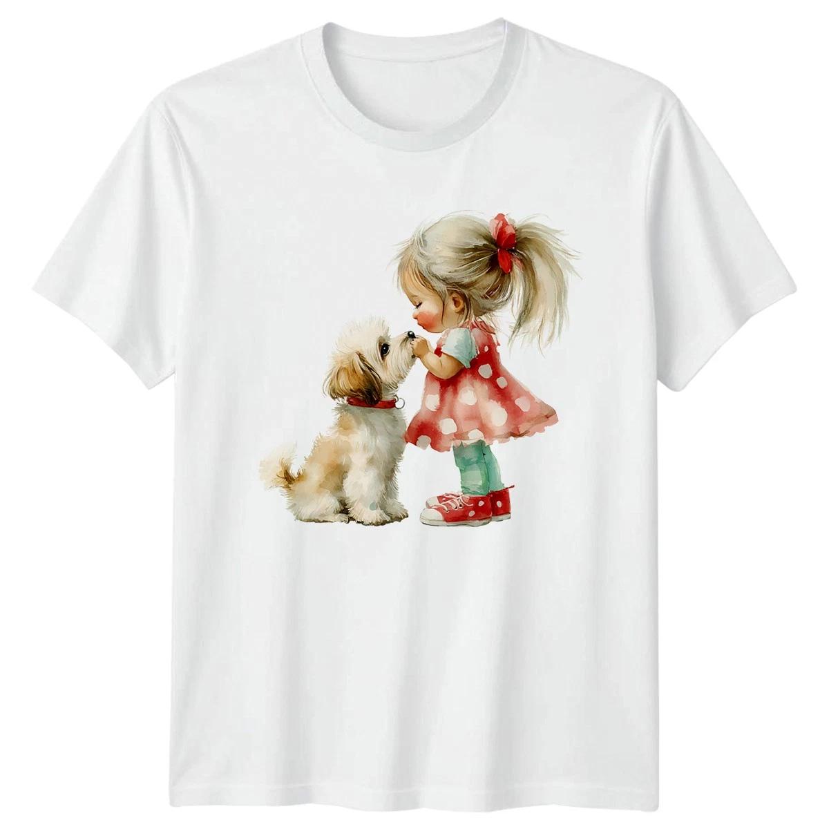 Girl And Dog Watercolor Pets Dogs Mens T-Shirt Womens Tee Animal Graphic L