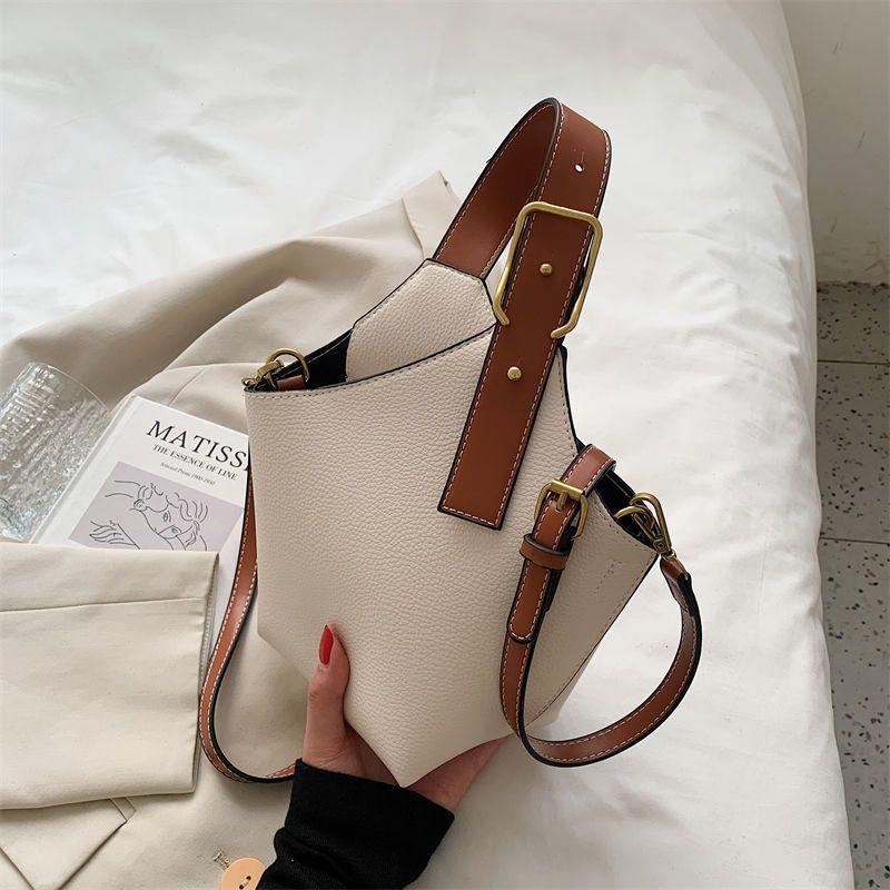 High Capacity Contrast Color Bucket Shoulder Bags  New Women's Basket Top Handle Bags Casual Commuter PU Leather Handbags