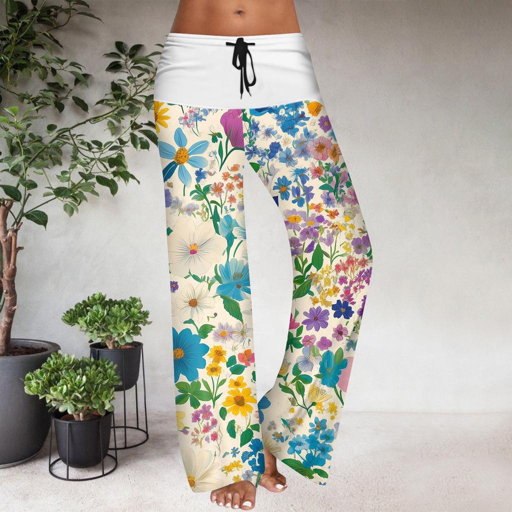 Women's Drawstring Elastic Waistband Wide Leg Color Matching Floral Printed Casual Pants