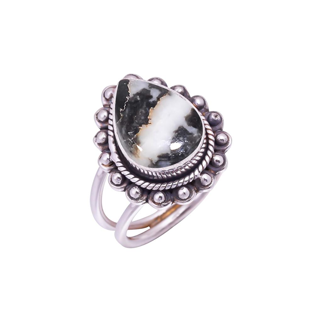 White Buffalo Turquoise - Nevada Gemstone 925 Sterling Silver Ring V9473, Black & White Ring, Pear Ring, Valentin's Day Gift, Gift For Her, Birthday G