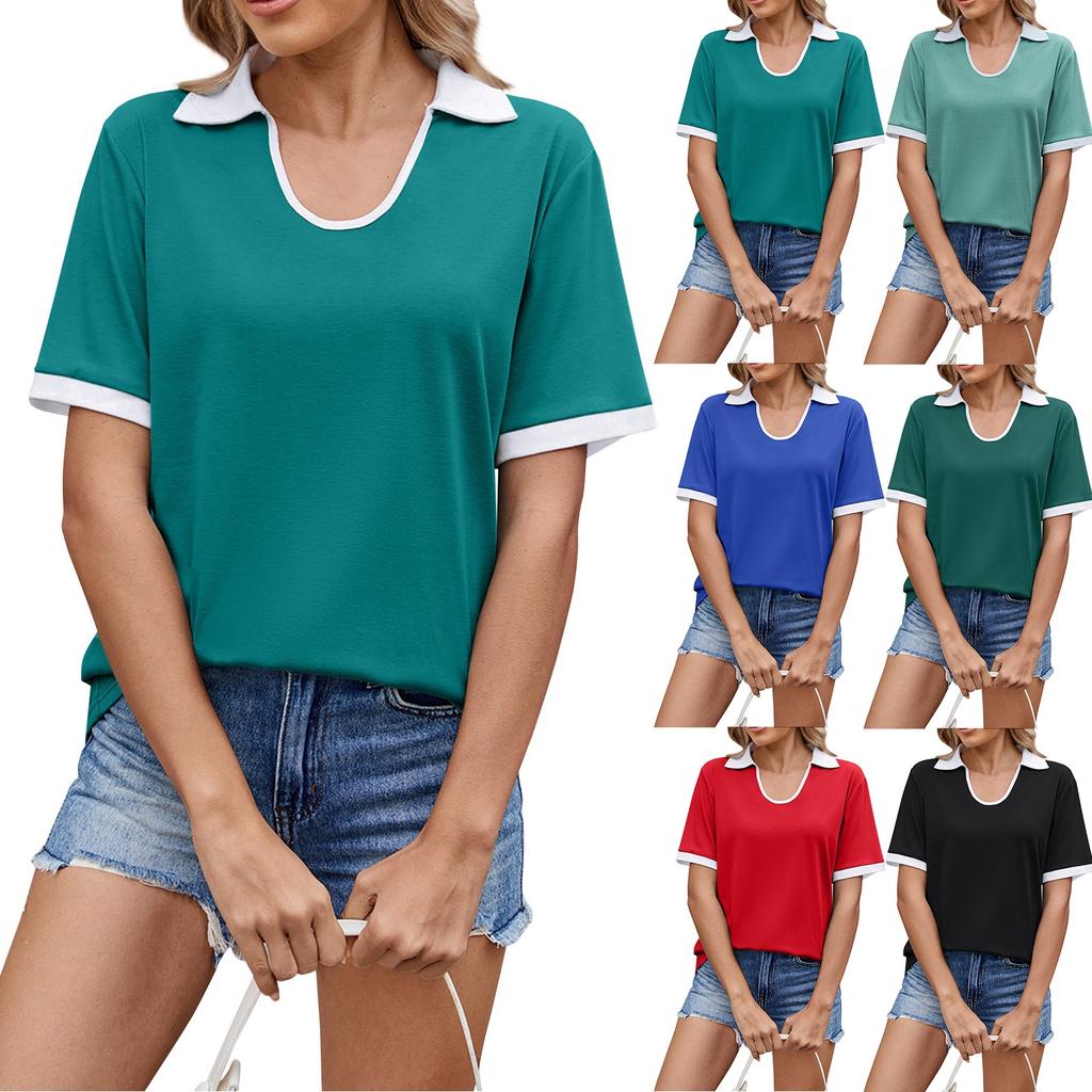 Women Short Sleeve Polo Collar T Shirt Contrast Trim Relaxed Fit Pullover Top Comfortable Soft Fabric Casual Style
