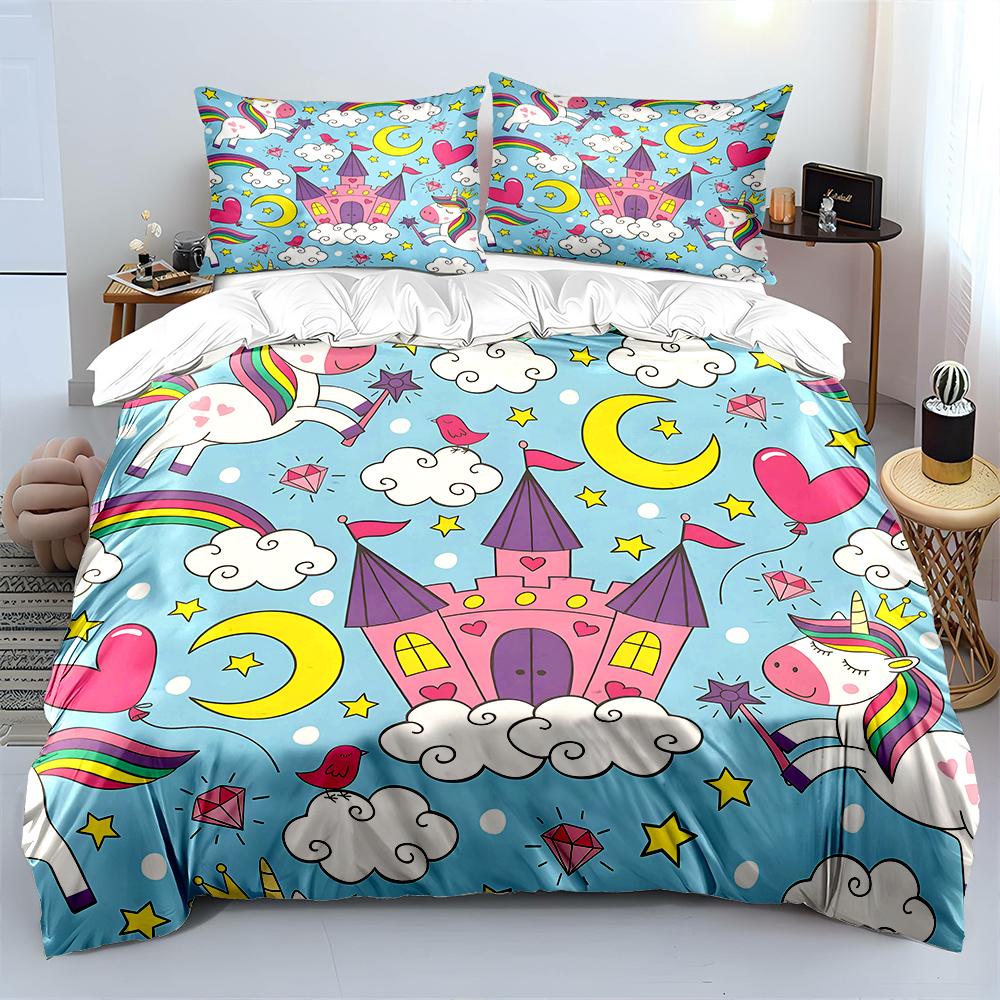 Magical castle with rainbow unicorn Print Bedding Set 1 Duvet Cover 2 Pillowcases for Adult and Children Luxury Gift Full Size