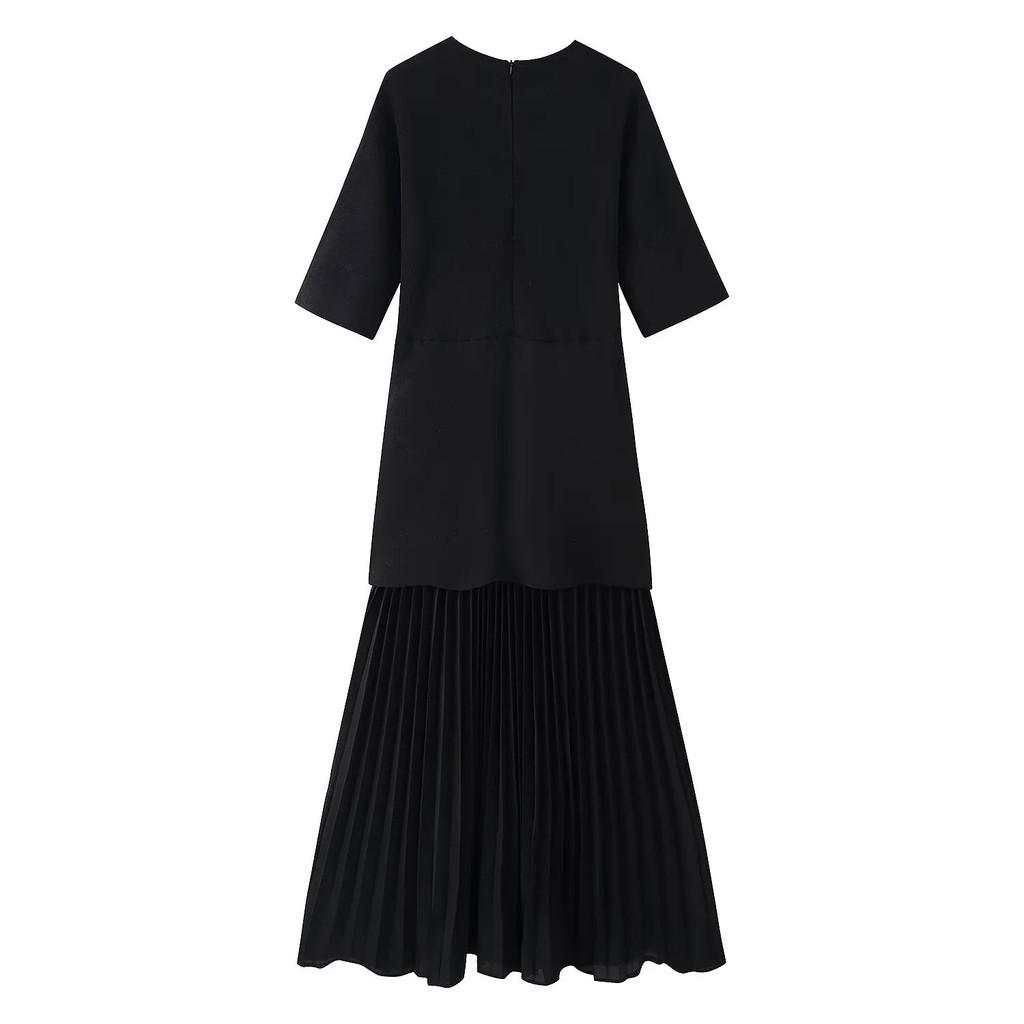 Elegant Polyester Spliced Short Sleeve Dress For Women With Round Neck For Spring
