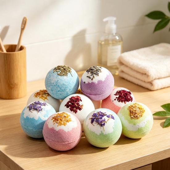 Soothing Bath Bombs 100G Dry Flowers Bombs, Lavender Rose Calendula Essential Natural Ingredients Oils Fizzies Ball, Relaxation Spa Skin Moisturizing