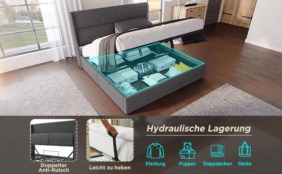 Upholstered Bed 160x200cm with Adjustable Headrests, Hydraulic Frame, Storage, Linen Material, Metal Slatted Frame, Grey (With Mattress)