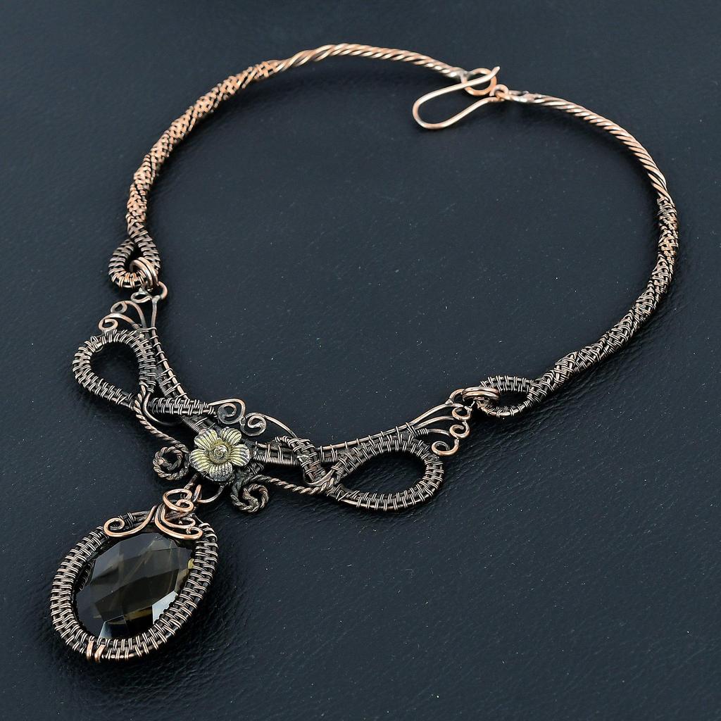 Smoky Topaz Necklace Handmade Jewelry, 999 Copper Wire Wrapped Necklace Designer Gemstone Jewelry Adjustable Chain Necklace Gift For Mom