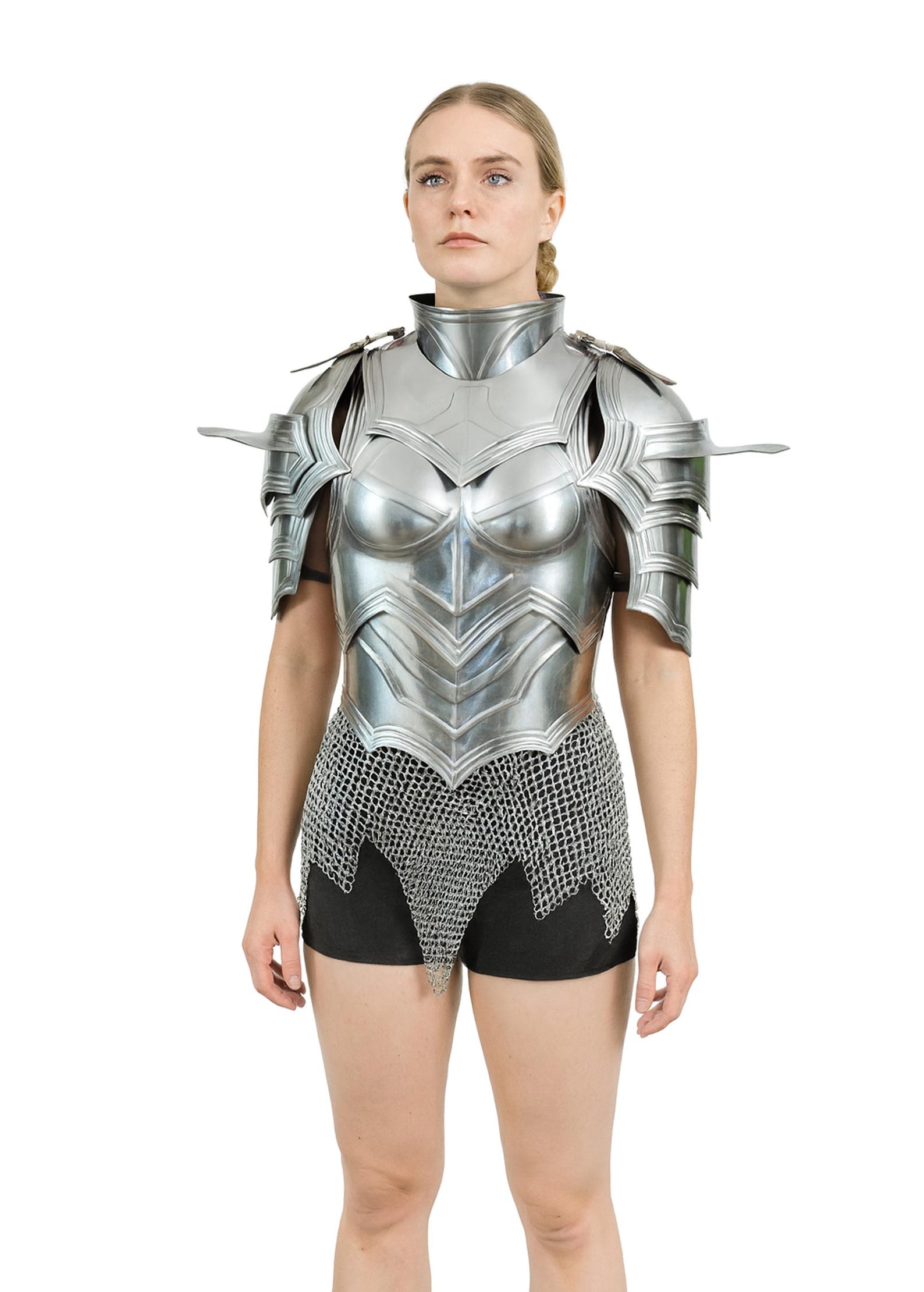 Women s 18 Gauge Steel Cuirass Armor with Gorget & Pauldrons Medieval Costume Set серебряный