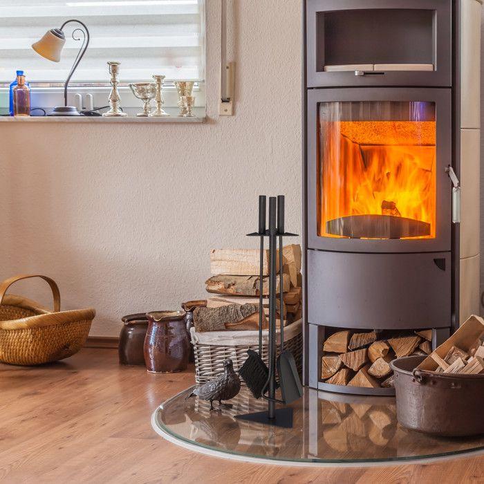 Relaxdays Ensemble serviteur de cheminée 4 pièces acier accessoire pelle balai support tisonnier, noir