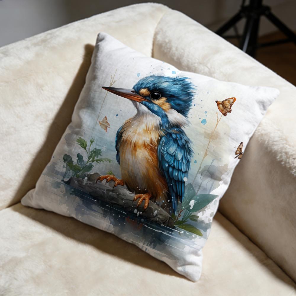 Kingfisher Watercolor Painting Cushion Cover Soft Decorative Pillow Case Suitable for Bedroom Sofa Car Travel Use