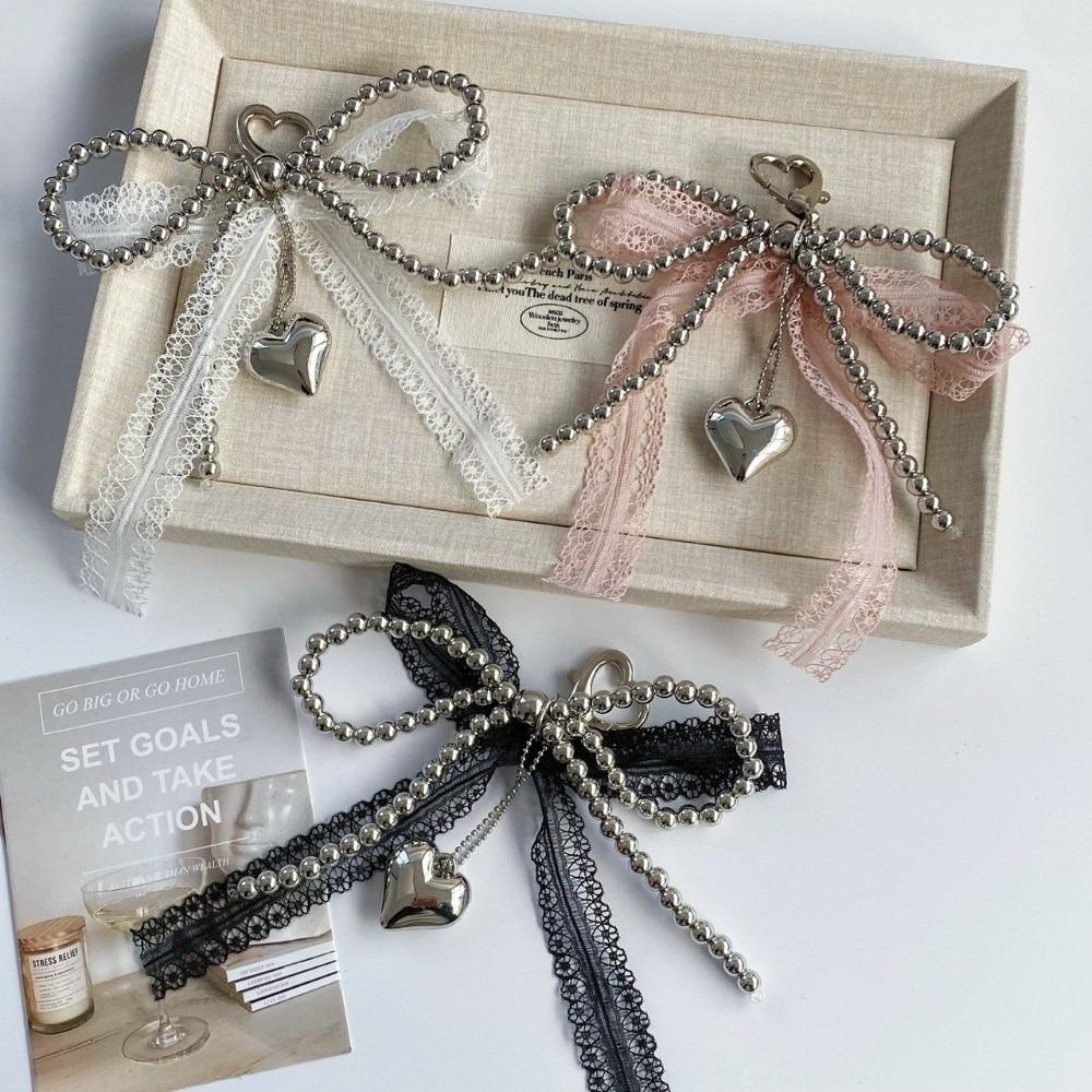 Punk Lace Bowknot Keychain Imitation Pearls Key Chain Ornament Exquisite Pearls Keychain  Daily Use