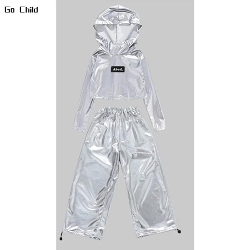 Girls K-pop Silver Crop Hoodies Shiny Cargo Pants Street Dance Shorts Kids Hip Hop Streetwear Children Jazz Hi Tech Clothes Sets