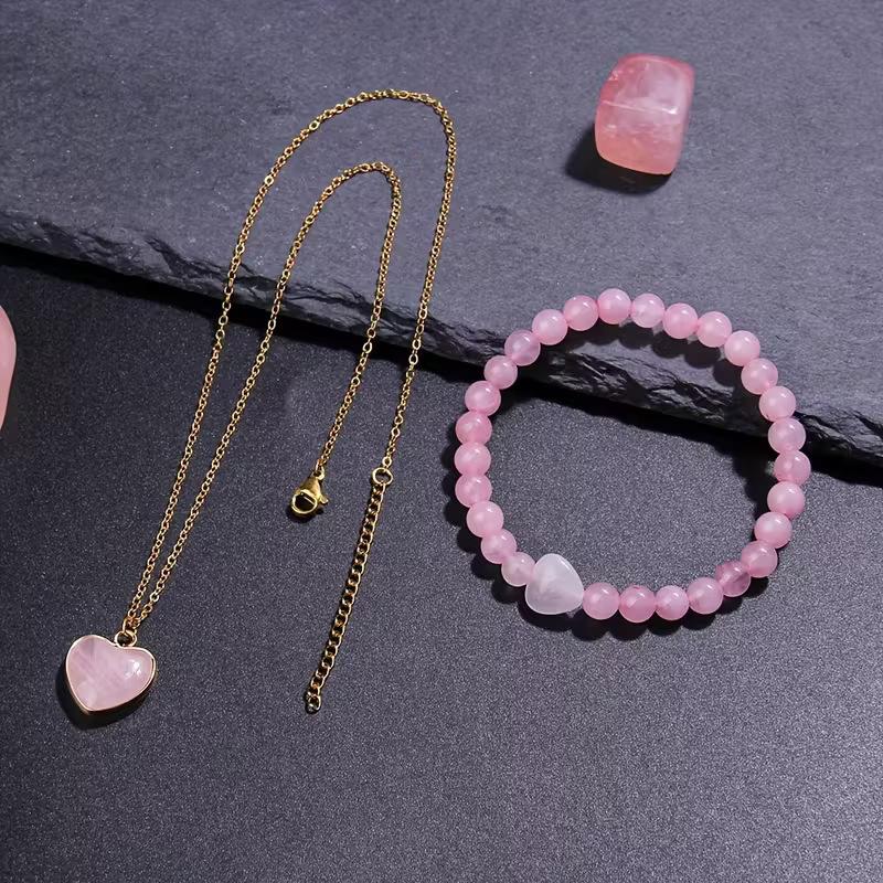 A set of bracelet necklace, natural pink crystal heart-shaped necklace, 6MM bead, natural stone bracelet, Valentine's Day gift