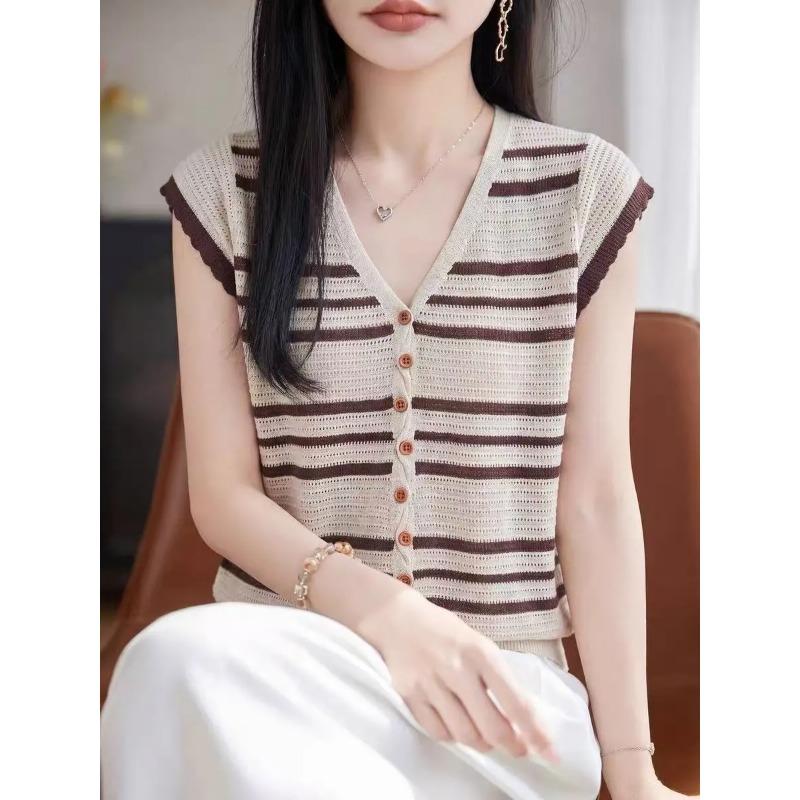 Women s Beige Brown Striped Hollow V Neck Button Down Sleeveless Knit Vest M коричневый