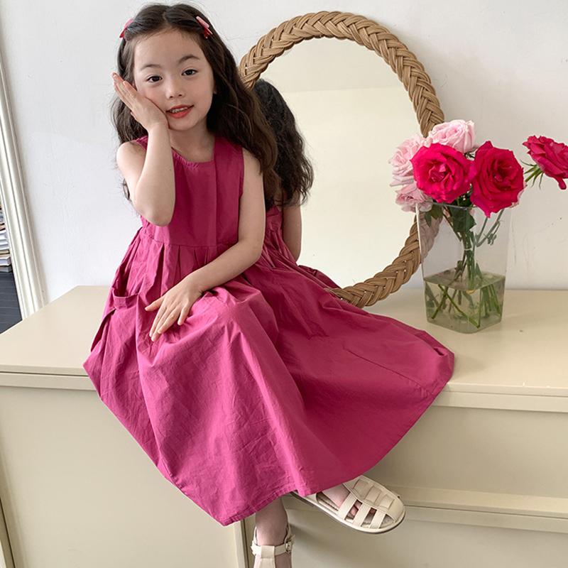 Abito estivo senza maniche per bambine e adolescenti, tinta unita, cotone, ampio, casual, vestito da sole, stile vacanza per bambini, vestito da principessa