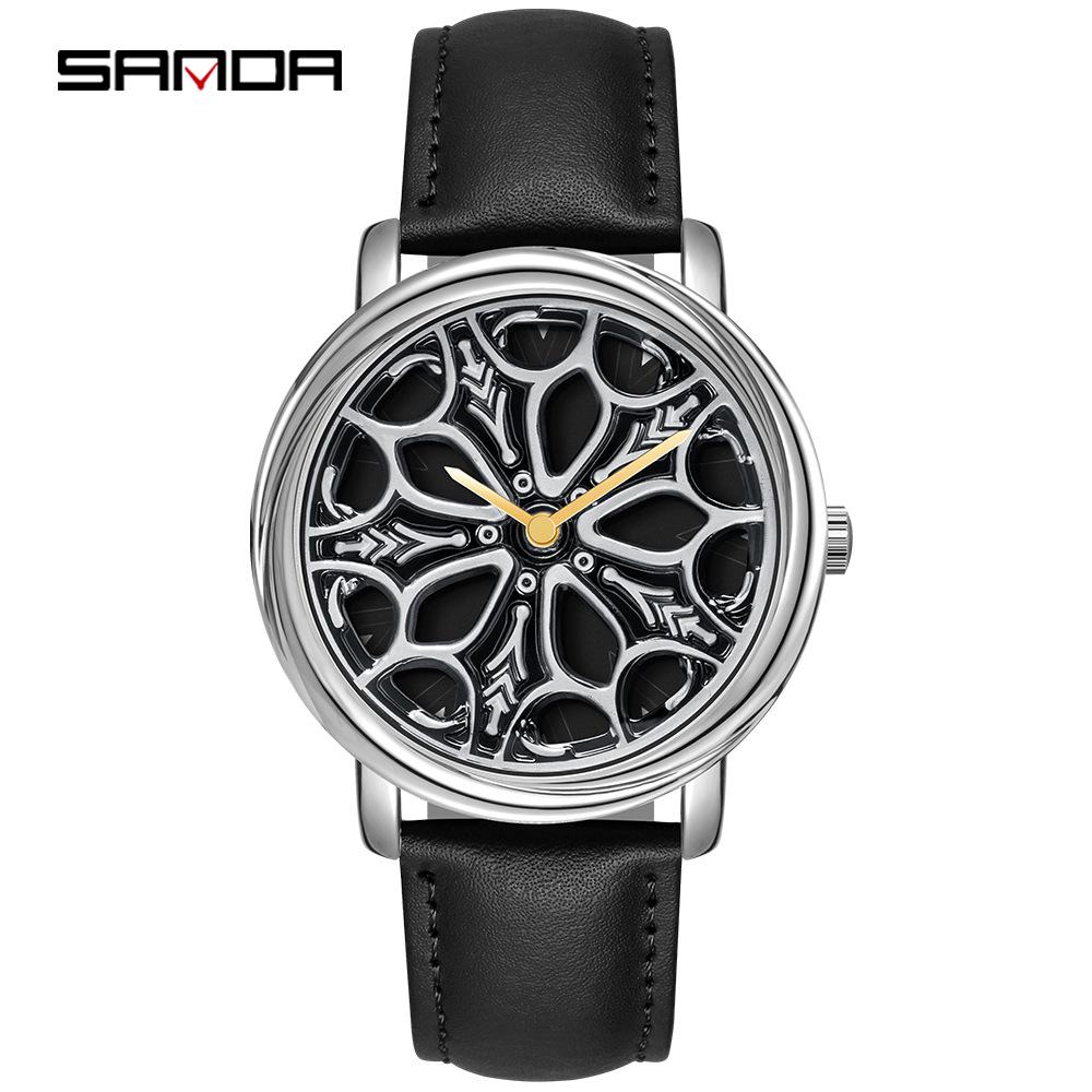 Sanda Cool Wheel Men's Skeleton Dial Leather Strap Waterproof Quartz Watch