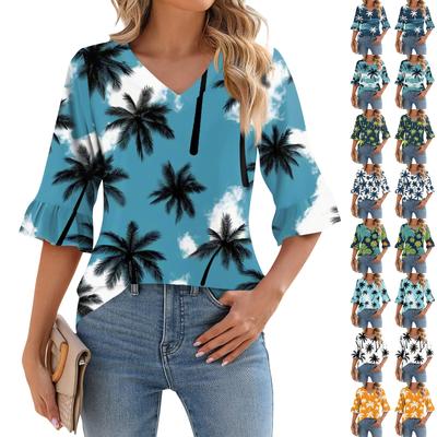 Women's Casual 3/4 Sleeve Top Summer V-neck Puffy Sleeve T-shirt Hawaiian Print Top